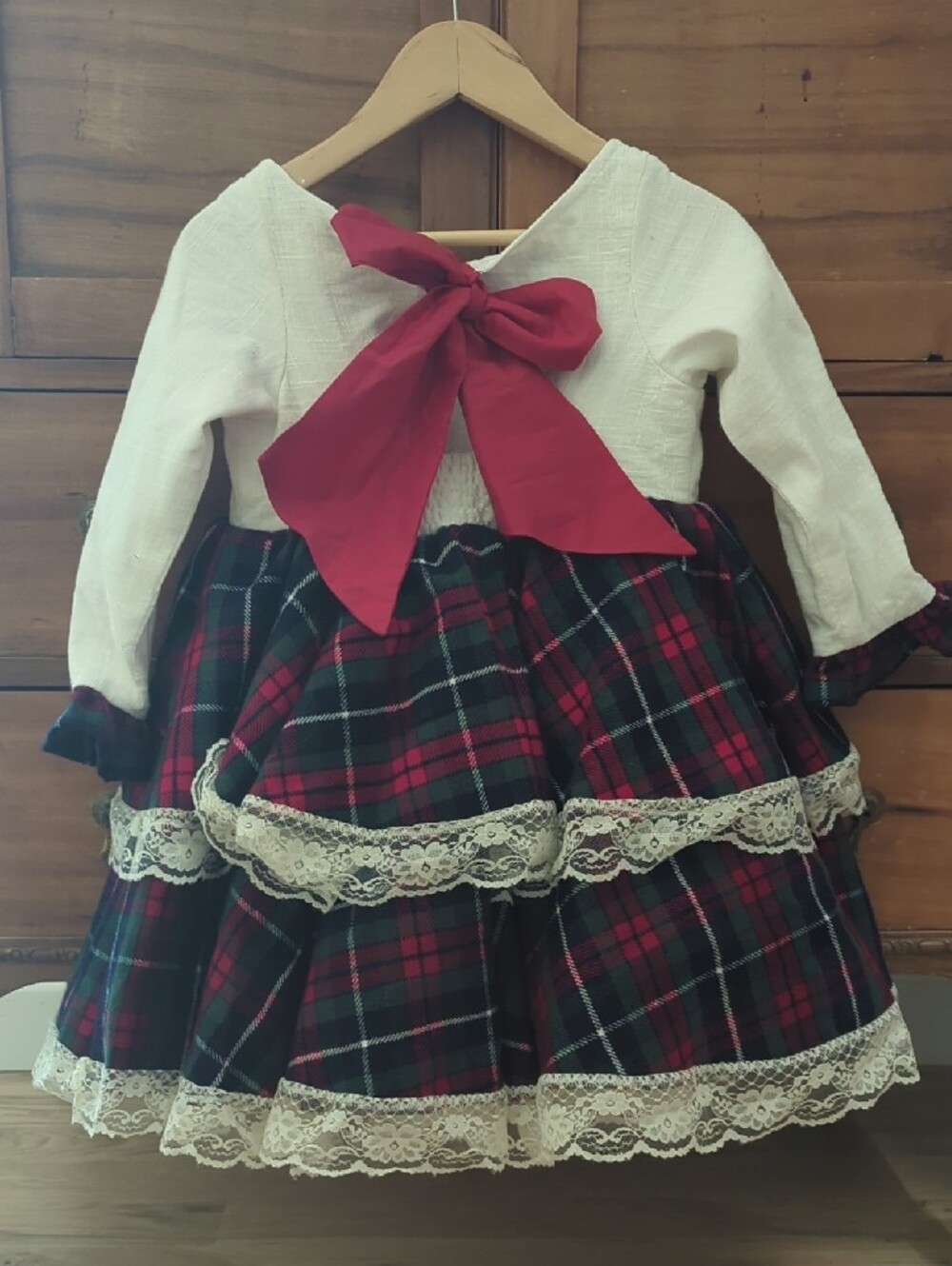 Oh Shana! Girls Red Plaid Holiday Dress with Floral Embroidery - Picture 2 of 4